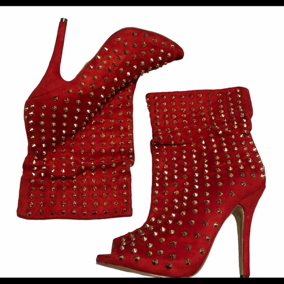 JustFab Ladies Red Spiked Peeptoe Booties - Picture 2 of 4